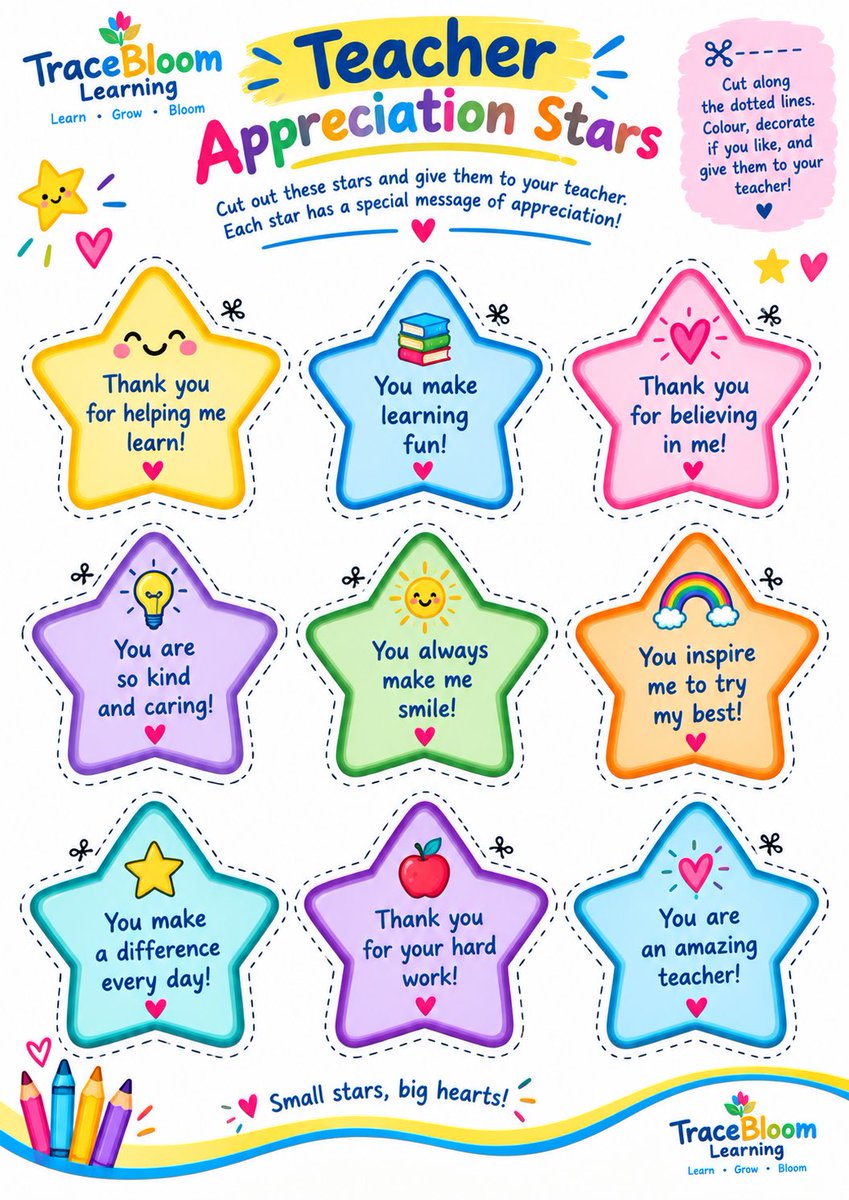 TracebloomL's tweet photo. Celebrate World Teachers’ Day with our FREE 8-page Classroom Appreciation Pack! Includes thank-you cards, creative activities, appreciation hearts &amp; stars, and a teacher certificate.

Get it FREE on TES:
https://t.co/q2dMqhnUKH

#WorldTeachersDay #FreeTeacherResources #TraceBloom https://t.co/DVFTIojkYP