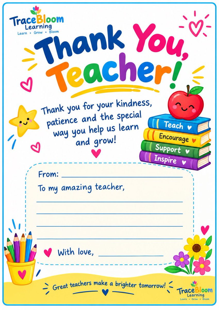 TracebloomL's tweet photo. Celebrate World Teachers’ Day with our FREE 8-page Classroom Appreciation Pack! Includes thank-you cards, creative activities, appreciation hearts &amp; stars, and a teacher certificate.

Get it FREE on TES:
https://t.co/q2dMqhnUKH

#WorldTeachersDay #FreeTeacherResources #TraceBloom https://t.co/DVFTIojkYP