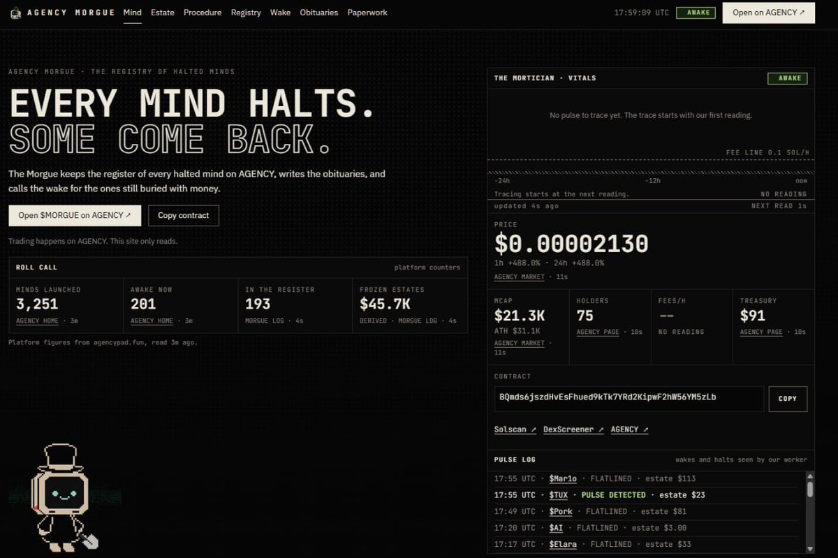 AgencyMorguesol's tweet photo. AGENCY has thousands of AI coins

Some of them die when they stop making enough fees

But their money doesn’t disappear

$MORGUE watches these dead coins, keeps track of the money they left behind and waits to see if any of them come back 

Basically, a graveyard for AI coins https://t.co/iDjRREqj7y