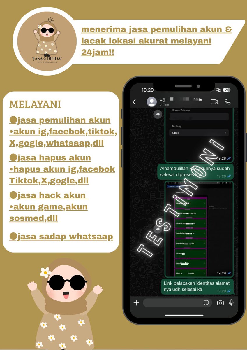 qmhxx's tweet photo. JASA PEMULIHAN AKUN/DELETE AKUN, BERGARANSI RESMI GUYSS

KENDALA ACOUNT
•PULIHKAN CHT WA LAMA
•JASA SADAP WA/IG
•LUPA PASWORD &amp; LUPA DATA2
•JASA HAPUS AKUN ALL SOSMED
•JASA PULIHKAN AKUN ALL GAME
GOGGLE ,GMAIL,INSTAGRAM,TWITER, FB,TIKTOK,DLL

Fast WA di BIO‼️
#zonauang https://t.co/gNnHMjIGdS