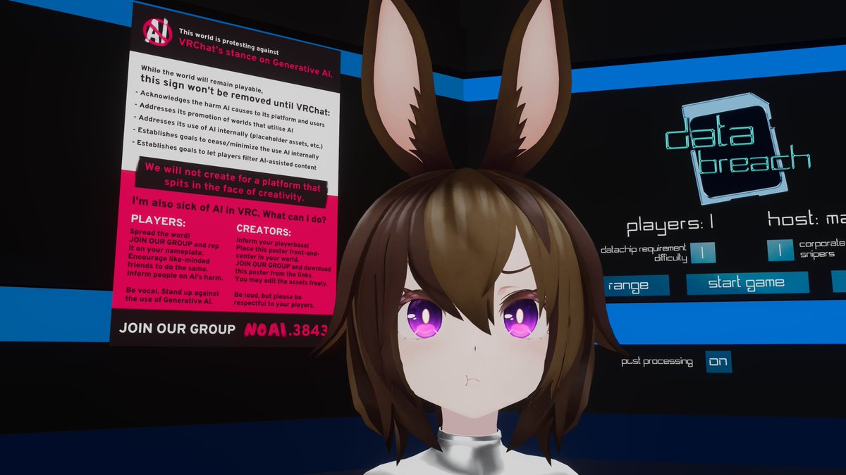 MaraRizer's tweet photo. While I know that nobody visits my worlds, I figured that I'll join the battle in hopes that this reaches any larger creators and other players that feel the same.

GenAI in VRChat is cancer that is slowly killing the platform.

Poster and more info:
https://t.co/tep46p09Hq https://t.co/XemwqbS1WZ