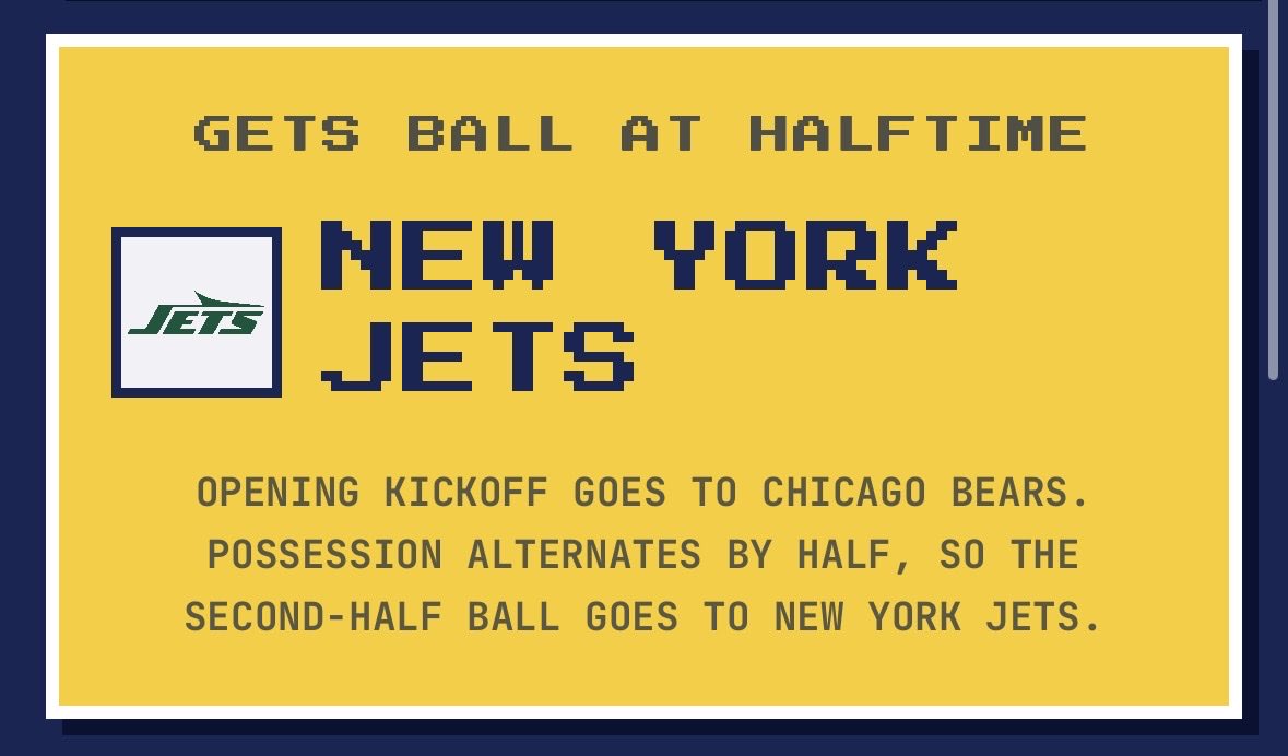 WhoGetsTheBall's tweet photo. New York gets the ball to start the second half vs. Chicago. 🏈
See who gets the ball after halftime: https://t.co/VR8ZKHrvS6
#Jets #Bears #JetsVsBears #BearsVsJets #NFL #NFLTwitter https://t.co/r4ZQhbVNKz
