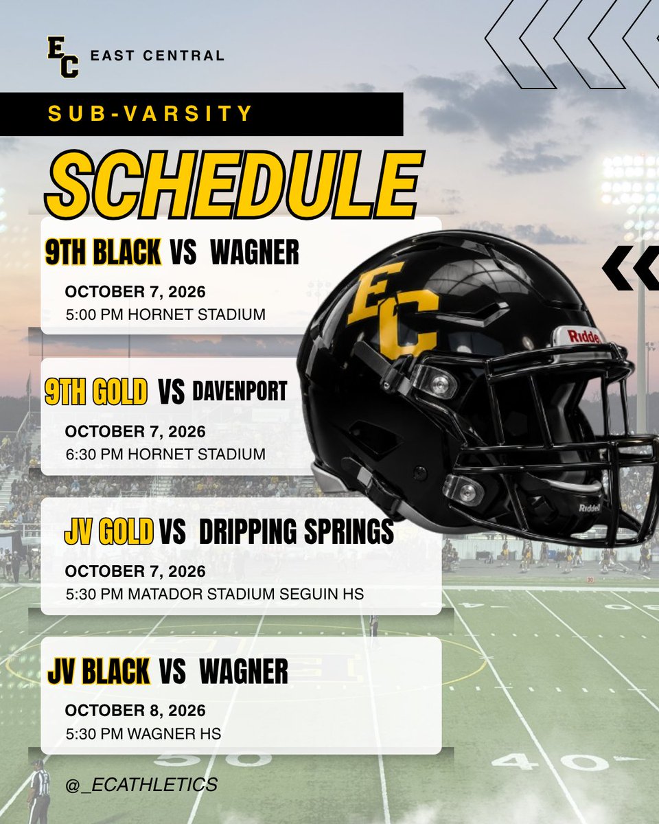 _ECAthletics's tweet photo. 🏈 HORNET FOOTBALL THIS WEEK!
Our 9th Grade & JV Hornets are ready to compete! EC takes on Wagner, Davenport & Dripping Springs Oct. 7–8 ONE PROGRAM. ONE STANDARD. ONE EC.
#ECHornets #ECFootball #WeAreEC
@ECISDtweets @ArriolaSuzette @joehubb74 @_ECFootball https://t.co/NrsmZbO2Bv
