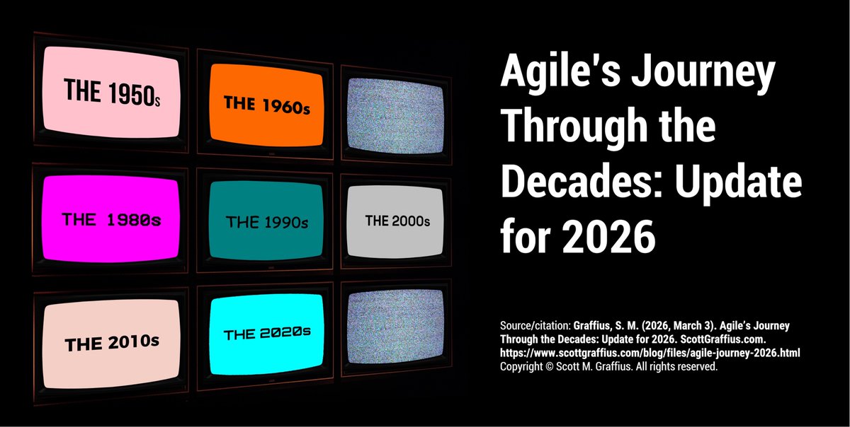 AgileScrumGuide's tweet photo. From 1950s incremental development to the new Manifesto for Enterprise Agility from the PMI and Agile Alliance, and more, see "Agile's Journey Through the Decades: Update for 2026" at https://t.co/KN4fnGGSC2

#Agile #AgileHistory #AgileTimeline #AgileScrumGuide #AgileJourney https://t.co/SX5oPgEPjh