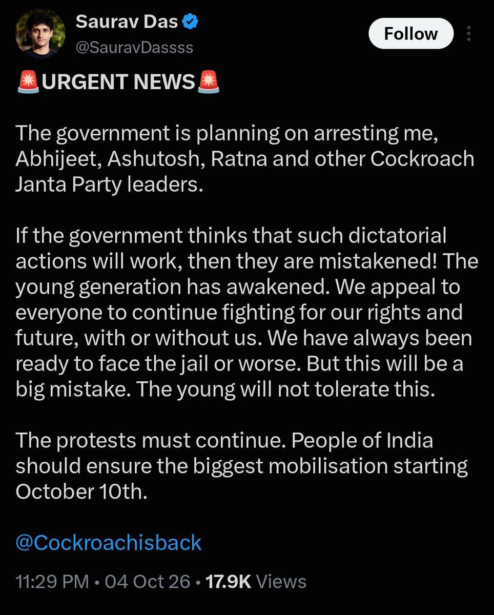 priyanshu__63's tweet photo. बड़ी खबर🚨

CJP के spokesperson सौरभ दास ने दावा किया है कि सरकार उन्हें, अभिजीत दीपके, आशुतोष रांका व काॅकरोच जनता पार्टी के अन्य नेताओं को गिरफ्तार करने की प्लानिंग कर रही है👇🏻

आपको बता दूं कि 10 अक्टूबर को अभिजीत दीपके ने पुनः एकबार जंतर-मंतर पर बड़े आंदोलन का ऐलान किया है।। https://t.co/GePSK3o8B4