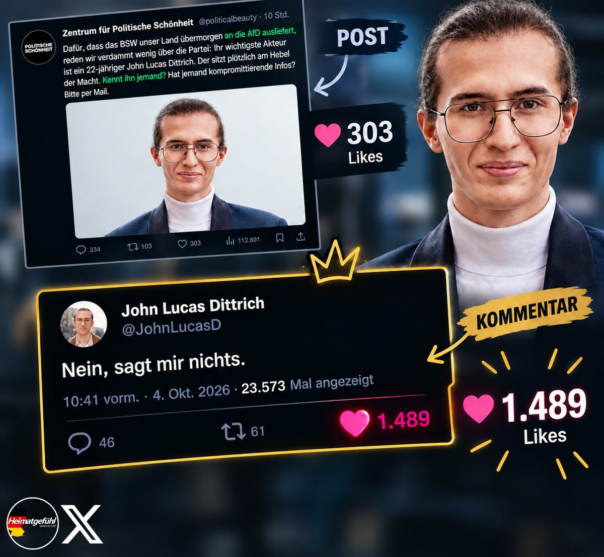 HeimatliebeDE's tweet photo. John Lucas Dittrich hat das „Zentrum für Politische Schönheit“ einfach komplett zerlegt. 😂🥳 https://t.co/23ITNVElK3