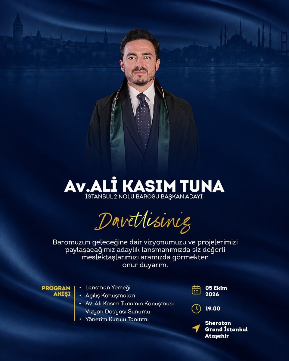 AliKasimTunaTR's tweet photo. Avukatlık, bilgi kadar tecrübeyle de şekillenen bir meslektir.

İlk dilekçemizi yazarken, ilk duruşmamıza girerken, mesleğin ilk yıllarında karşılaştığımız pek çok durumda yanımızda çoğu zaman bizden daha tecrübeli bir meslektaşımız vardı.

Ben de mesleği büyüklerimden öğrendim. Bugün İstanbul 2 Nolu Barosu Başkanlığına aday olurken, bu mesleki birikimle genç meslektaşlarımızın enerjisini buluşturmayı çok önemsiyorum.

Her meslektaşımızın bilgisi, tecrübesi ve mesleğe dair söyleyecek sözü var. Bu birikim, baromuzun da en büyük gücü olacak.

5 Ekim’de projelerimizi ve yol haritamızı paylaşacağımız Adaylık Tanıtım Programımıza tüm meslektaşlarımızı bekliyorum.

Yer: Sheraton Grand Istanbul Ataşehir 
Tarih: 5 Ekim 2026
Saat: 19:00

Katılım için: https://t.co/hvzdXbleFu

#AvukatınSözüBaronunGücü