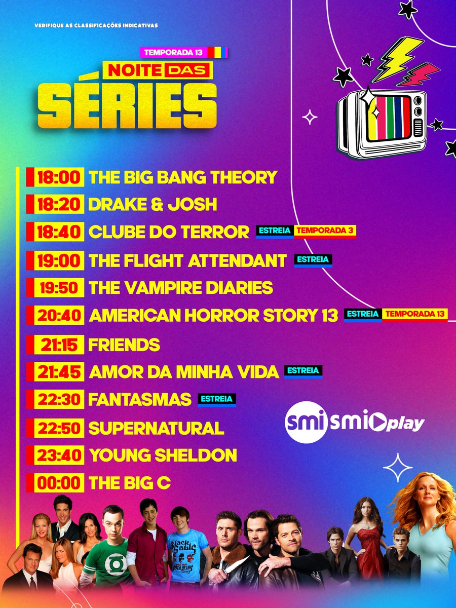 smismiplay's tweet photo. 🌙🍿 A #NoiteDasSéries está de volta AO VIVO a partir do dia 03 de outubro com estreias de novas séries e uma maratona de muita diversão. 😍❤️

🗓️ Confira a programação do dia 03/10. Prepare o sofá, porque a noite promete ser LONGA! 👀🔥
 #NoiteDasSériesSmi https://t.co/hxtGvzPxBH