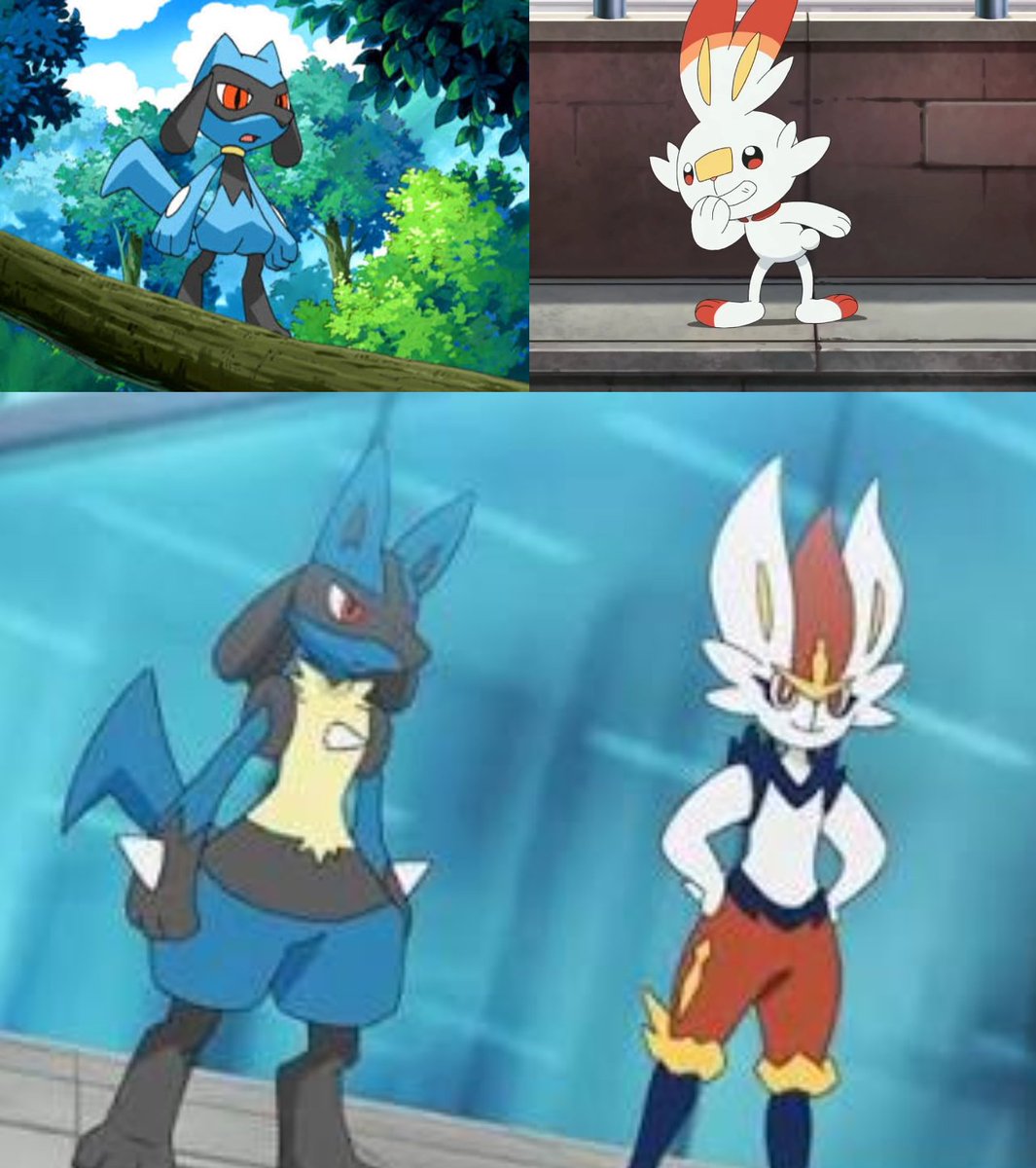mobilenation2's tweet photo. ash's riolu/ash's lucario &amp; goh's scorbunny/goh's cinderace are the great pokemon duo. https://t.co/MwwT5ohsxb