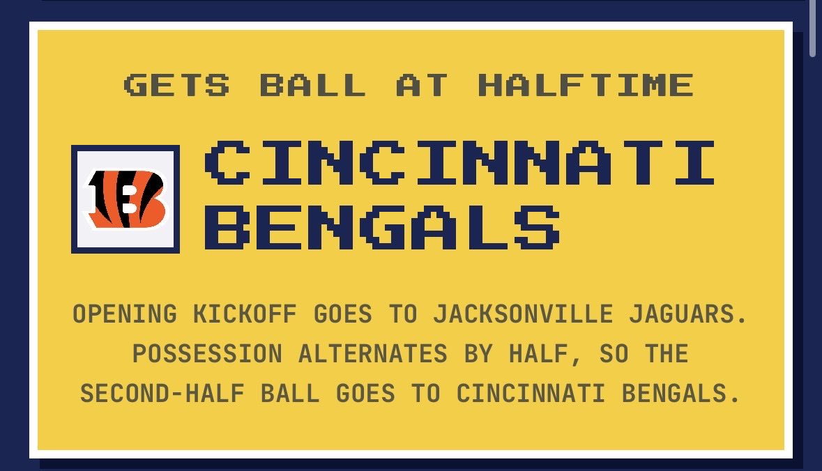 WhoGetsTheBall's tweet photo. Cincinnati gets the ball to start the second half vs. Jacksonville. 🏈

See who gets the ball after halftime: https://t.co/VR8ZKHrvS6

#RuleTheJungle #DUUUVAL #BengalsVsJaguars #JaguarsVsBengals #NFL #NFLTwitter https://t.co/FFFzB9t4gX