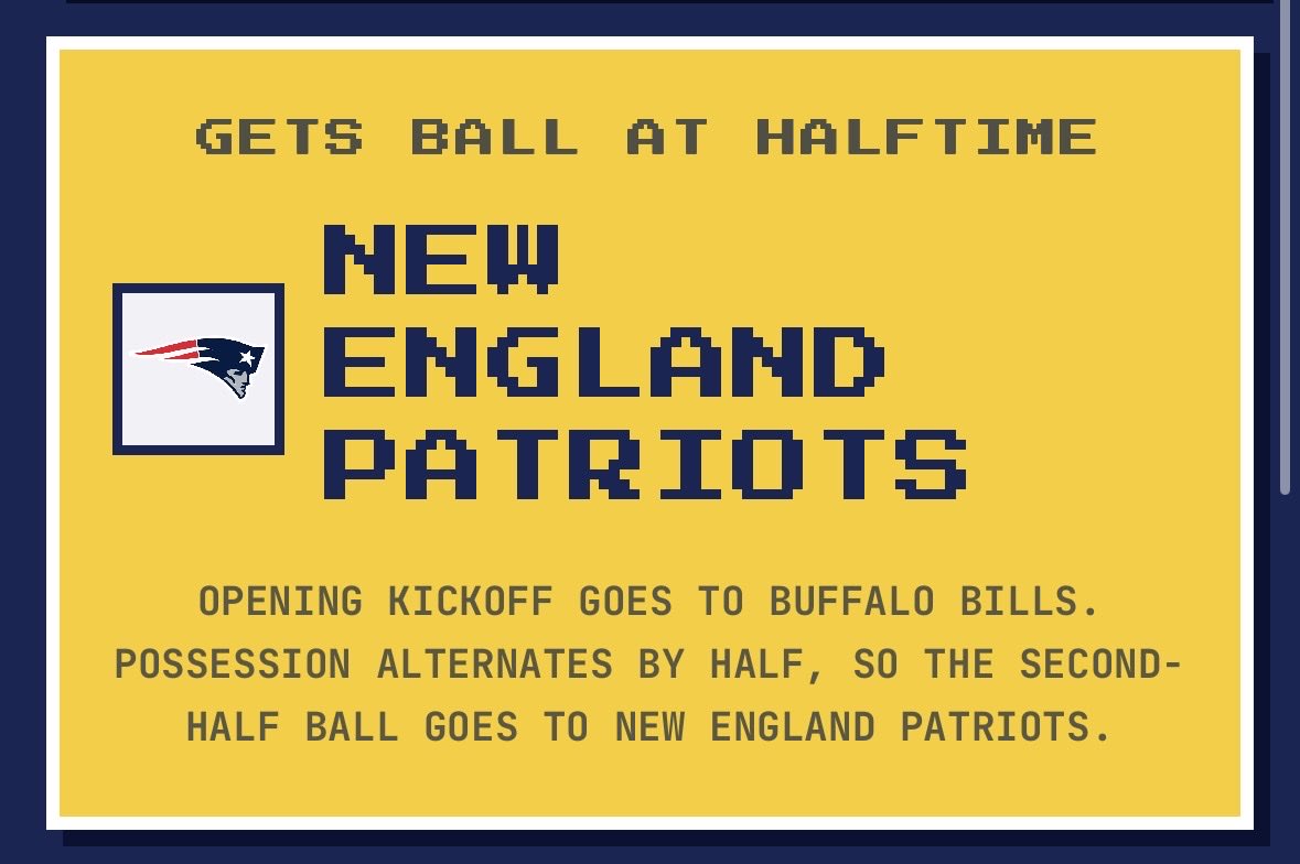 WhoGetsTheBall's tweet photo. New England gets the ball to start the second half vs. Buffalo. 🏈

See who gets the ball after halftime: https://t.co/VR8ZKHrvS6

#Patriots #Bills #PatriotsVsBills #BillsVsPatriots #NFL #NFLTwitter https://t.co/fhc7CrRXHJ