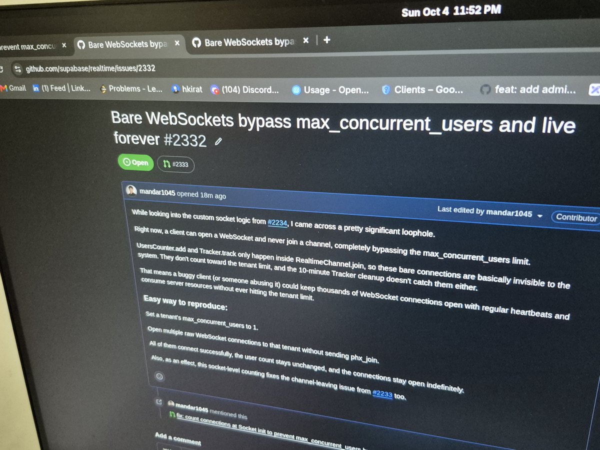 Mandarjoshi1045's tweet photo. Got some great feedback on my recent @supabase work, dug a little deeper to fix it properly and somehow uncovered a bigger loophole 😂

Funny how fixing one thing always leads to finding another.

Ig This is  what open source teaches. 
#supabase #realtime #elixir #opensource https://t.co/ELkAM8SAgf