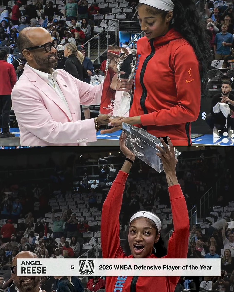 YahooSports's tweet photo. Angel Reese was presented with her 2026 WNBA DPOY award pregame 🏆 https://t.co/6gvwpEnx9J