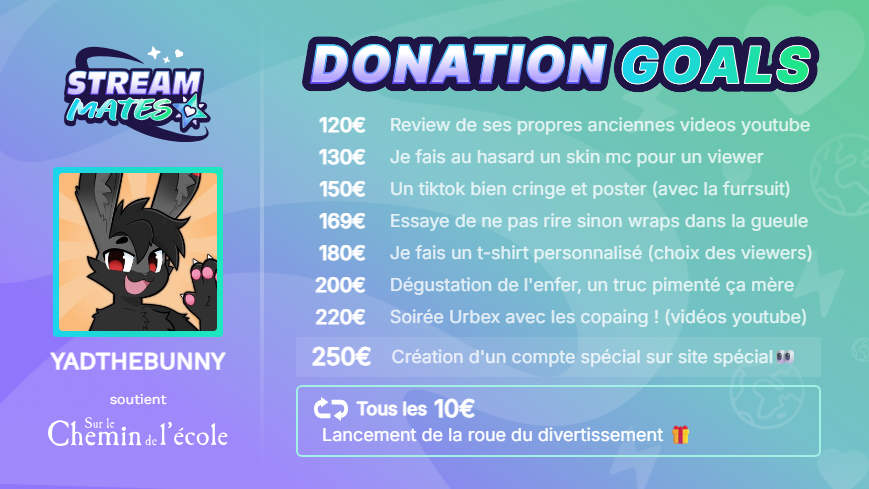 FinnTheBnnuy's tweet photo. 🎉 Mes DONATION GOALS pour #StreamMates2026

📅 30 octobre → 1ᵉʳ novembre
📺 En live sur https://t.co/HGWJdvtSxV
🎓 Au profit de "Sur le chemin de l'école"

Chaque don débloquera un nouveau défi... et fera avancer une belle cause. 🙏

🔁 RT pour nous donner encore plus de force https://t.co/yeQmLshvfG