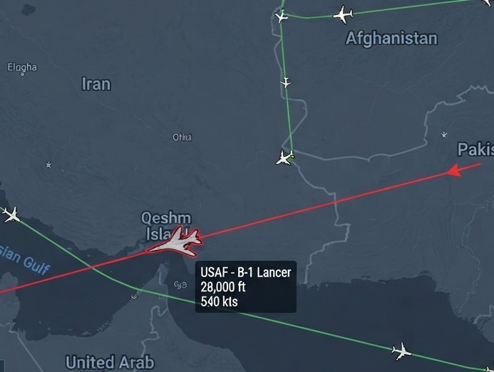 Intel_Jackal's tweet photo. Pakistani airspace used by US to bombard Iran. At least 6 big explosions heard near Qeshm Island 👀 https://t.co/TWzE8ews3p