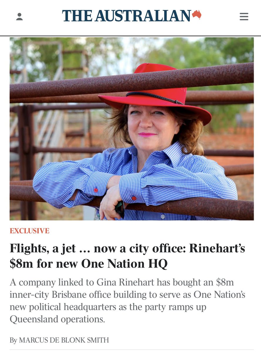 LyndaFrench19's tweet photo. #ONDirt #qldpol
#OneNation’s billionaire #GinaRinehart purchased an $8m inner-city Brisbane office  #PaulineHanson’s party will use as its new base
#HanrineInvestments, a subsidiary of Mrs Rinehart’s #HancockProspecting

https://t.co/1zSMTxutcV

https://t.co/nOnlk17gcs https://t.co/bmvhdl8bpM