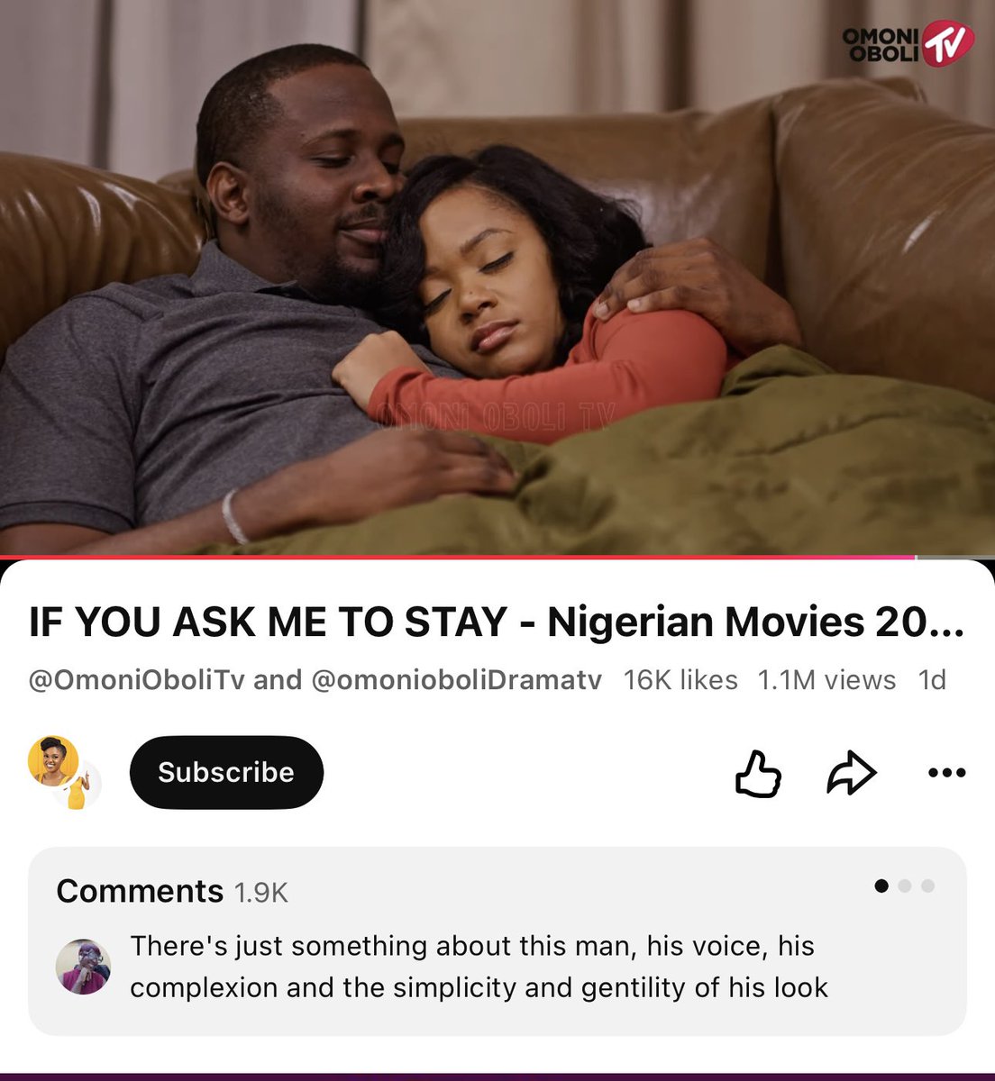 Omonioboli's tweet photo. Over 1 MILLION views in 1 day for IF YOU ASK ME TO STAY!!! 🎉❤️

Casting two leads relatively new to the YouTube audience is a leap of faith when familiar faces drive clicks. But besties, you trust me and Omoni Oboli TV to deliver, whoever is on the thumbnail! That trust means everything 🥹🙏🏾
Thank you, Sydney, Toluwani and our incredible cast and crew, for this beautiful slow burn romance! 😍
Above all, thank you, King Jesus. Every good thing comes from You 🙏🏾🥰
Keep watching, sharing and subscribing (FREE)! I’ll keep giving you my best.
Always remember that I love you ❤️