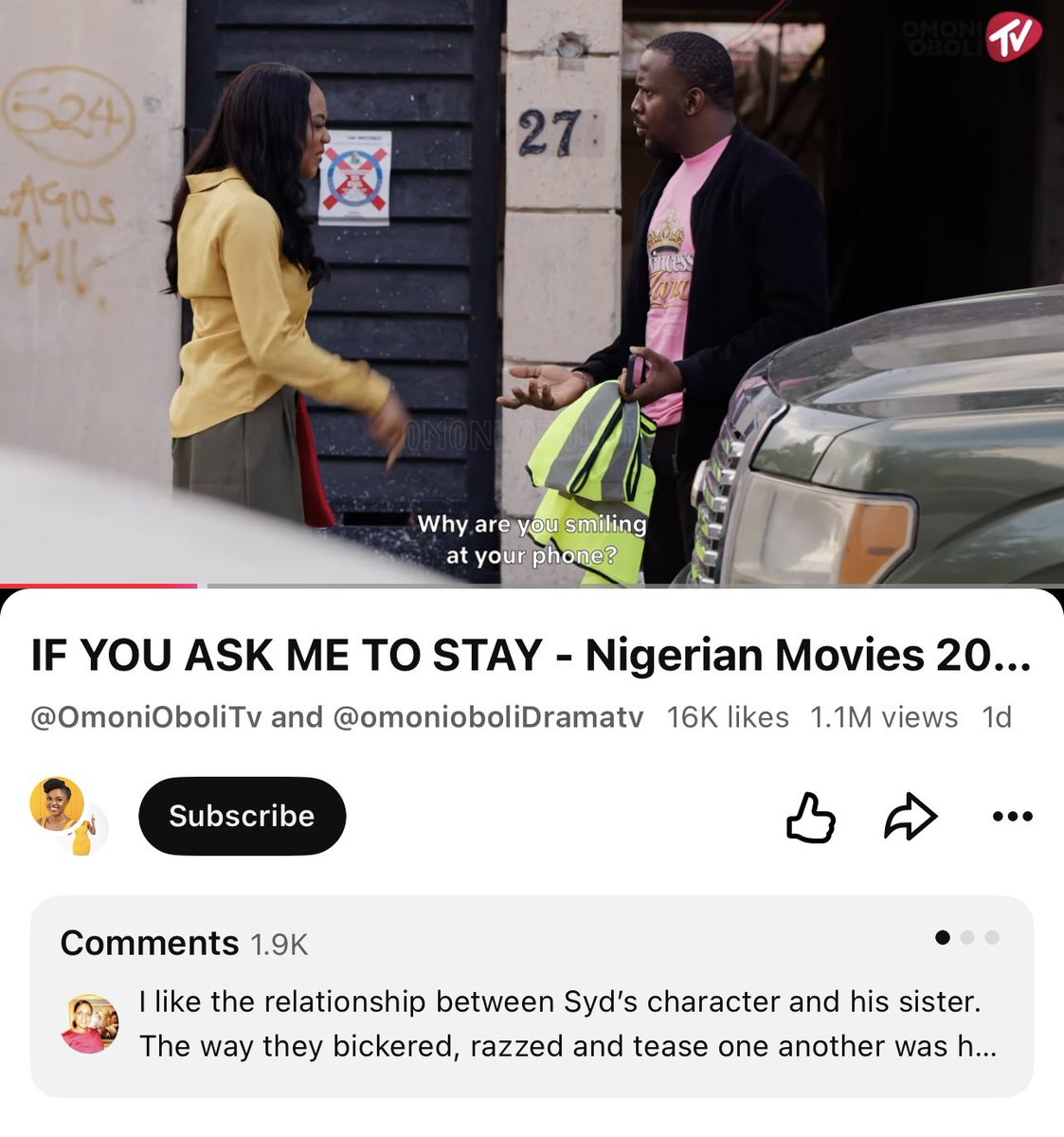 Omonioboli's tweet photo. Over 1 MILLION views in 1 day for IF YOU ASK ME TO STAY!!! 🎉❤️

Casting two leads relatively new to the YouTube audience is a leap of faith when familiar faces drive clicks. But besties, you trust me and Omoni Oboli TV to deliver, whoever is on the thumbnail! That trust means everything 🥹🙏🏾
Thank you, Sydney, Toluwani and our incredible cast and crew, for this beautiful slow burn romance! 😍
Above all, thank you, King Jesus. Every good thing comes from You 🙏🏾🥰
Keep watching, sharing and subscribing (FREE)! I’ll keep giving you my best.
Always remember that I love you ❤️
