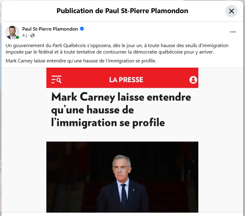 ChantalMaggy's tweet photo. «Un gouvernement du Parti Québécois s'opposera, dès le jour un, à toute hausse des seuils d'immigration imposée par le fédéral et à toute tentative de contourner la démocratie québécoise pour y arriver.
Mark Carney laisse entendre qu’une hausse de l’immigration se profile.», PSPP https://t.co/JktgWQTMNp