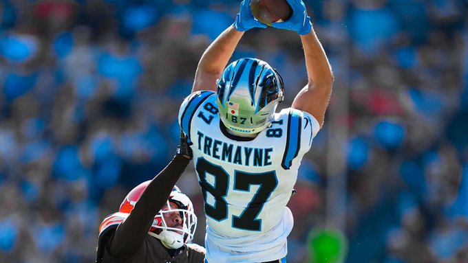 A football game photo showing Carolina Panthers player #87 'TREMAYNE' catching a pass while being defended, with the stadium crowd blurred in the background.