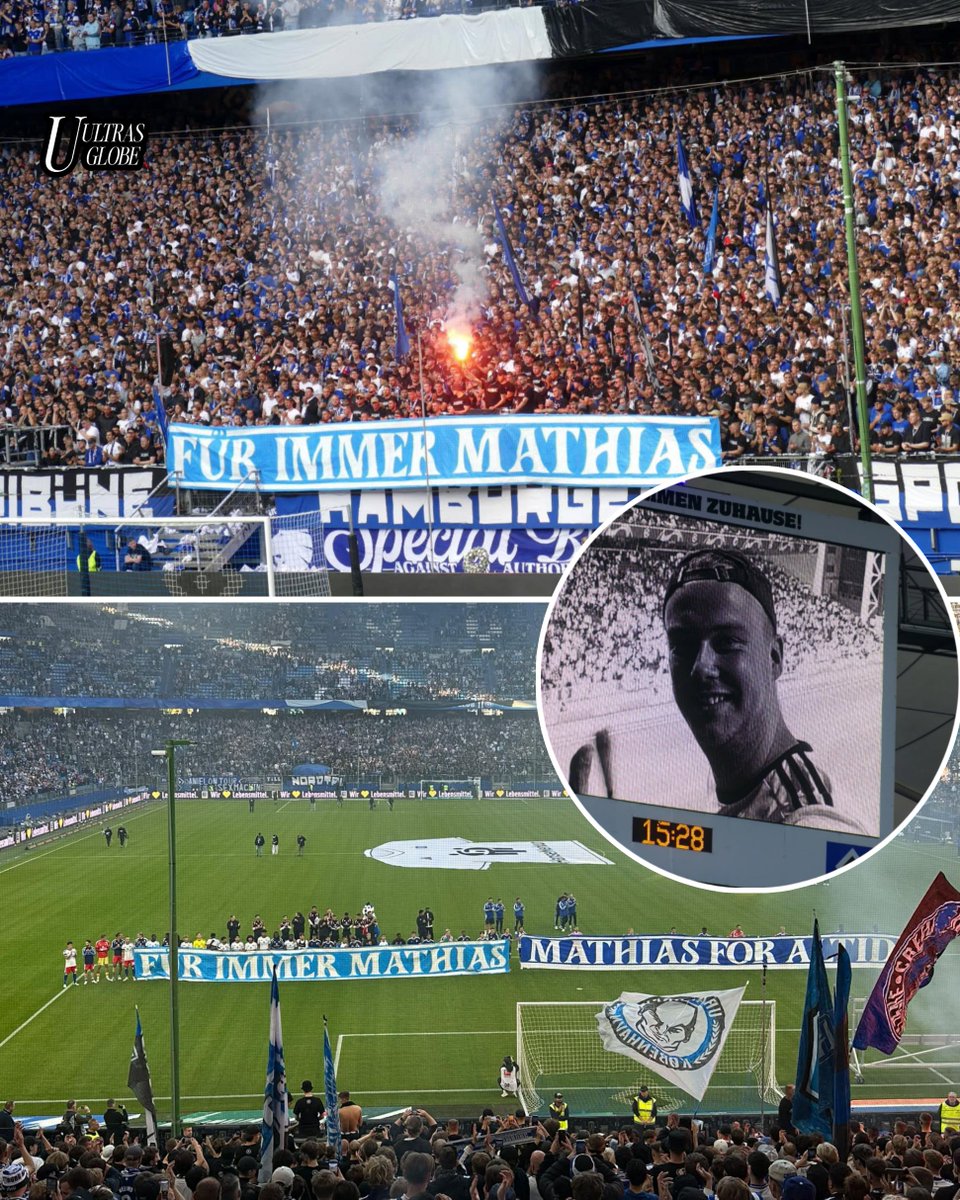Ultras_globe17's tweet photo. 🇩🇰🕊️ HSV &amp; FCK fans honoured Mathias Blindbæk Schlüter, a 26-year-old FCK fan who died 22 Sept and helped build their friendship. Banners: “Mathias forever” in German &amp; Danish. 💔🥺 Rest in peace. 🌹🙏 https://t.co/YmJzudcLTT