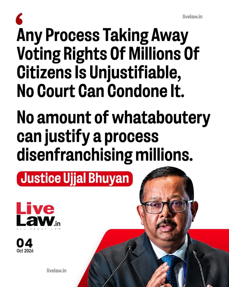 Starboy2079's tweet photo. Very Irresponsible Statement 👎

Milord says that, except in the case of a dead voter, a name once on the electoral roll cannot be deleted without notice and a hearing.

So according to him, names of ineligible, duplicate, or Bangladeshi voters can not be deleted without hearing. Which Bangladeshi or duplicate voters will come for hearing?

The Supreme Court is hearing the SIR matter on Monday. A sitting judge choosing this moment for such a sweeping remark is very unfortunate 👎

This is the same judge the Left treats as a favourite. His father, Suchendra Nath Bhuyan, was a CPI activist, later trained under Congress leader Fakhruddin Ali Ahmed, and served as Advocate General of Assam. Justice Bhuyan himself was appointed Additional Advocate General of Assam in July 2011 by the Congress government, and was elevated as an Additional Judge of the Gauhati High Court three months later.

He was on the bench that set aside the remission of the Bilkis Bano convicts. He has now spoken, days before the SIR hearing, against any process that removes millions from the rolls.