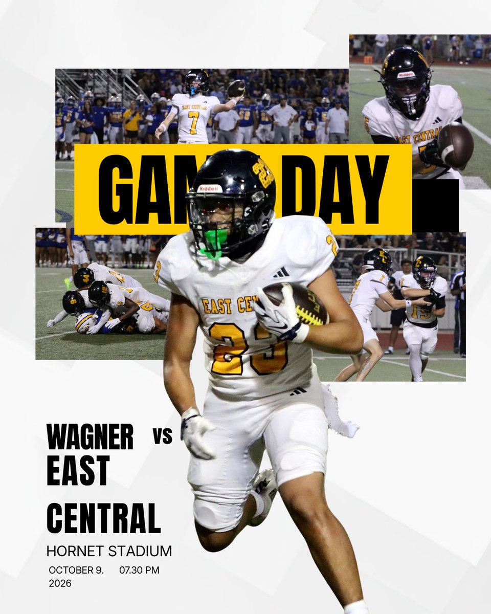 _ECAthletics's tweet photo. Friday Night Lights are back at Hornet Stadium! 🔥
🏈 East Central vs. Wagner
📅 Friday, October 9
⏰ 7:30 PM
📍 Hornet Stadium
Time to defend the home turf.
⚫️🟡 FINISH THE FIGHT.
#ECFootball #GameDay #FinishTheFight #FridayNightLights #WeAreEC
@ECISDtweets @ArriolaSuzette https://t.co/B40XOBUyqx