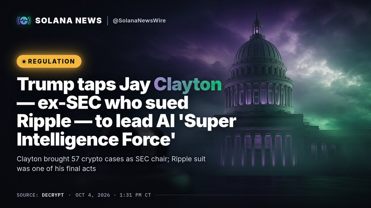 SolanaNewsWire's tweet photo. JUST IN: Trump names Jay Clayton — the ex-SEC chair who sued Ripple — to lead a new "Super Intelligence Force" AI push.

As SEC chair he brought 57 crypto cases; the Ripple suit was one of his final acts.

Source: Decrypt https://t.co/o4uTMg2Cfk