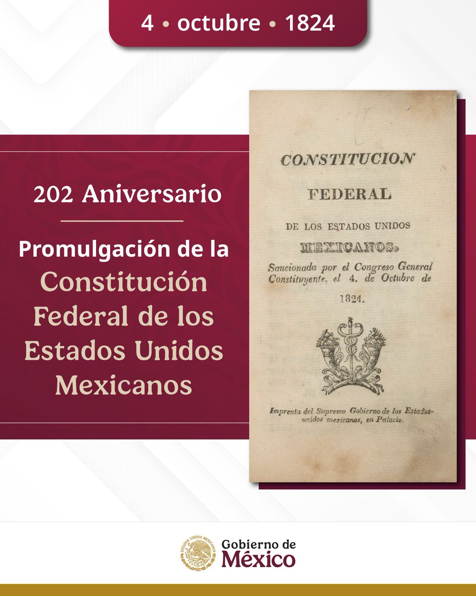 GobiernoMX's tweet photo. Hoy conmemoramos 202 años de la Constitución de 1824, que estableció a México como República independiente con soberanía popular.

Sentó las bases de nuestra organización política con división de poderes y estados autónomos, así como la igualdad, el derecho a la libertad de expresión y a la propiedad privada.