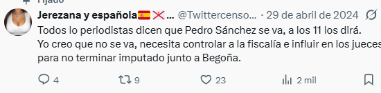 Twitercensores's tweet photo. El 29 de abril del 2024, antes de que anunciase Pedro Sánchez que no iba a dimitir, yo lo puse en un tuit.
Hoy 4 de ocutbre del 2026 lo vuelvo a decir, no convocará elecciones por los mismos motivos, necesita tener controlados a la fiscalía, los jueces, la abogacía del estado... https://t.co/YLmt2Wx15G