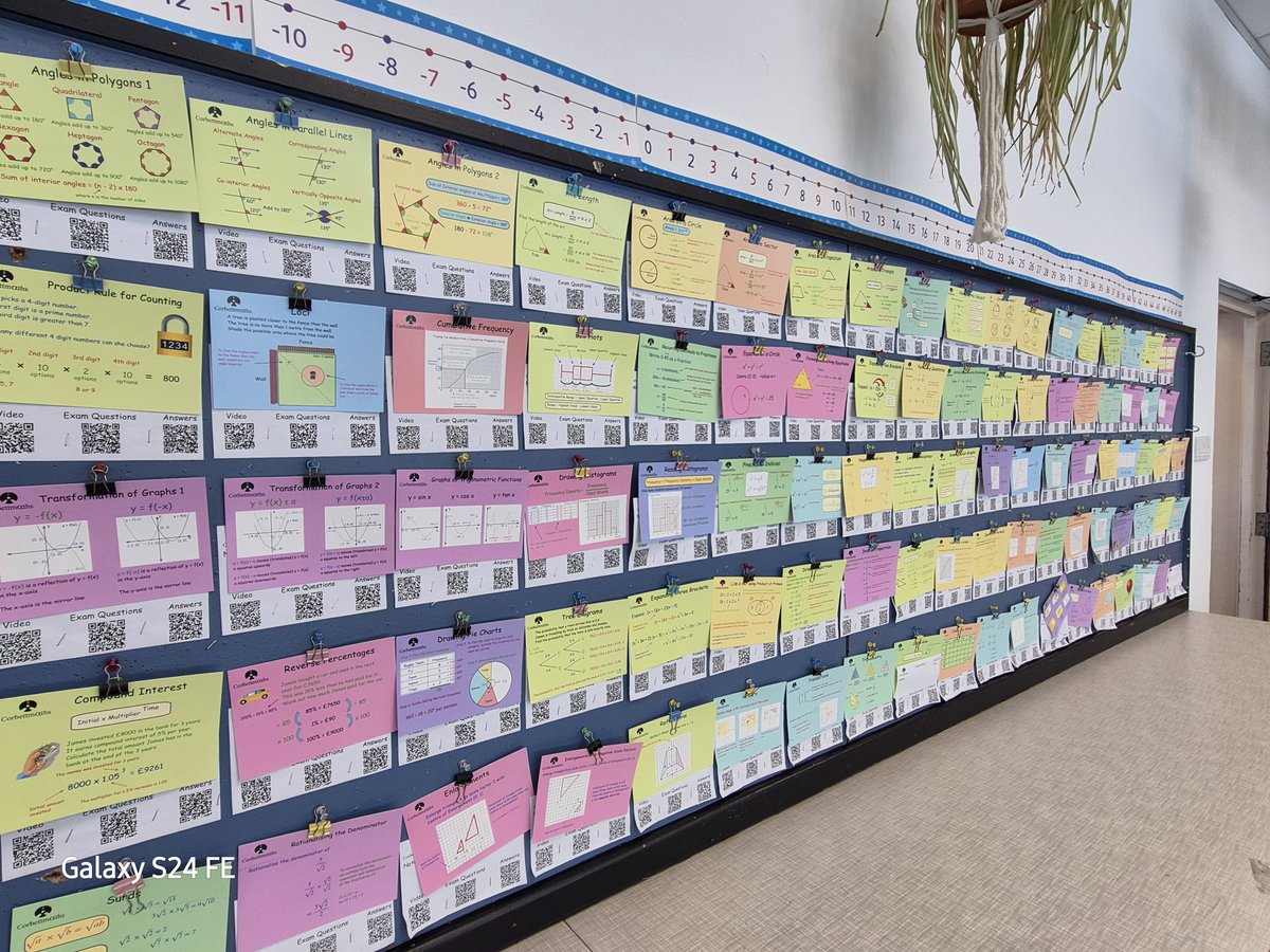 Corbettmaths's tweet photo. A teacher shared this amazing Corbettmaths Higher Revision Card display board with me! Students can instantly receive support by scanning the video tutorial QR codes and also access practice questions and video solutions. 📚✅⭐️ https://t.co/BZrsCUk2r3