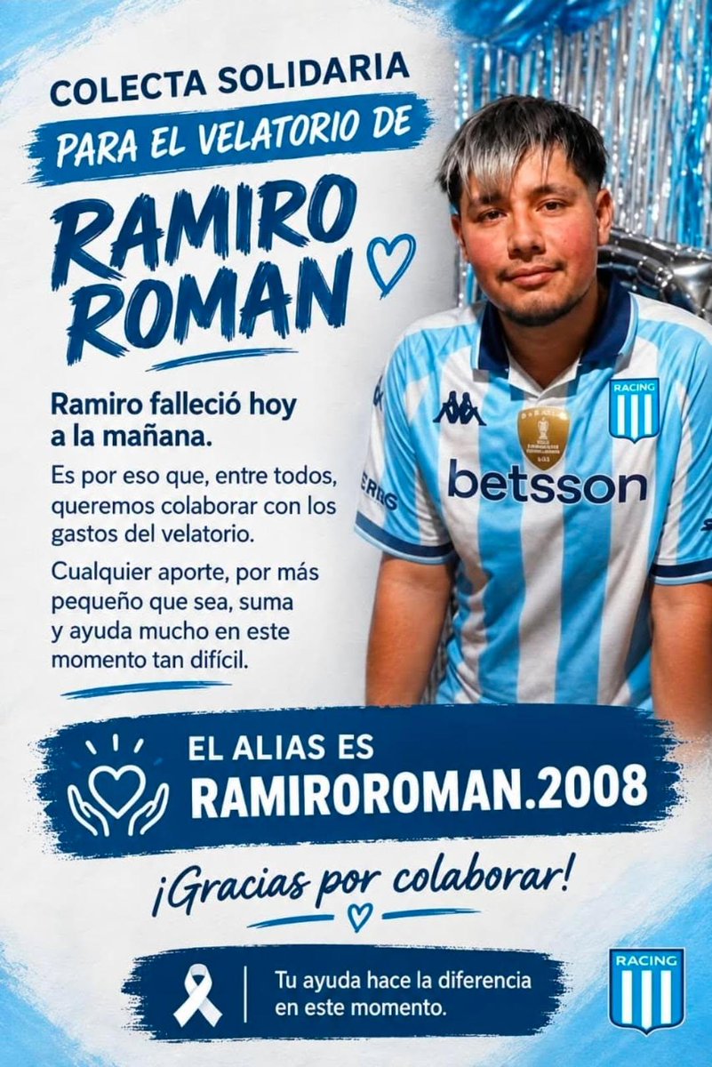 RacingRadioClub's tweet photo. 🙏 Q.E.P.D. RAMIRO ROMÁN

El jóven de 17 años, hincha de #RACING que esperaba un transplante de corazón, falleció esta mañana.

👉 Nuestras condolencias para su familia y sus amigos. Los abrazamos con el alma. Muchas fuerzas para todos sus seres queridos. https://t.co/3p9GVu2prd