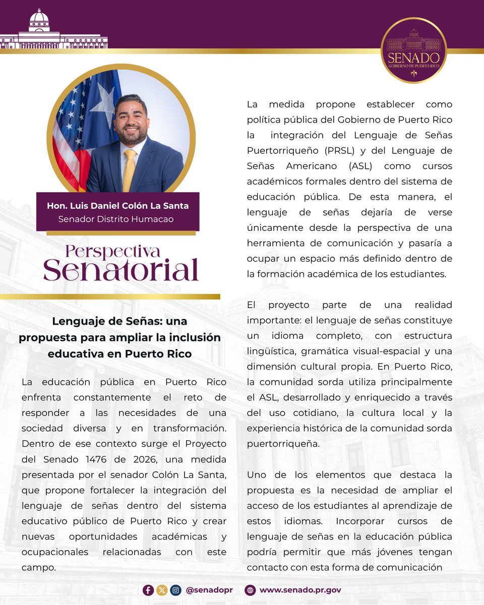 SenadoPR's tweet photo. En esta edición de 𝑷𝒆𝒓𝒔𝒑𝒆𝒄𝒕𝒊𝒗𝒂 𝑺𝒆𝒏𝒂𝒕𝒐𝒓𝒊𝒂𝒍, el senador del Distrito de Humacao, Luis Daniel Colón, nos habla de una medida la cual propone fortalecer la integración del lenguaje de señas dentro del sistema educativo público. https://t.co/Ys6DxvFVHU