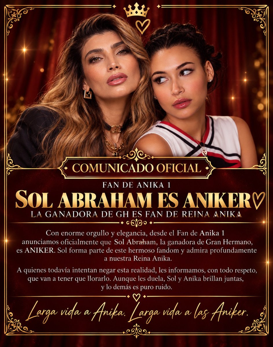 fansdeanika1's tweet photo. COMUNICADO OFICIAL DE LAS ANIKER’S

Tenemos el agrado de anunciar que, oficialmente, Sol se incorpora a las Aniker’s. La ganadora de Gran Hermano ha demostrado admiración por Anika y, por supuesto, cumple con todos los requisitos necesarios para formar parte de este distinguido grupo.

Desde hoy, le damos la bienvenida oficialmente. Es un verdadero honor tenerte entre nosotras, Sol.

@anikammmm @SolangeAbraham #Anikers