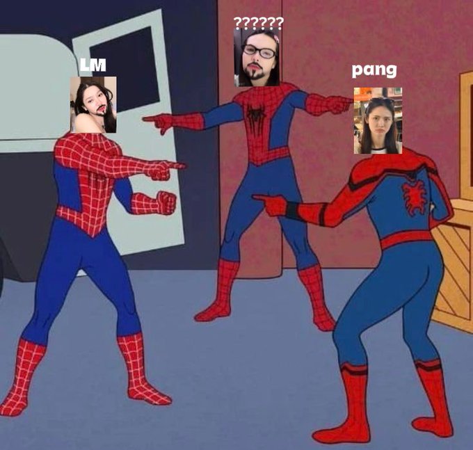 A popular meme showing three Spider-Man characters pointing at each other, with real faces edited onto them labeled "LM", "?????", and "pang".