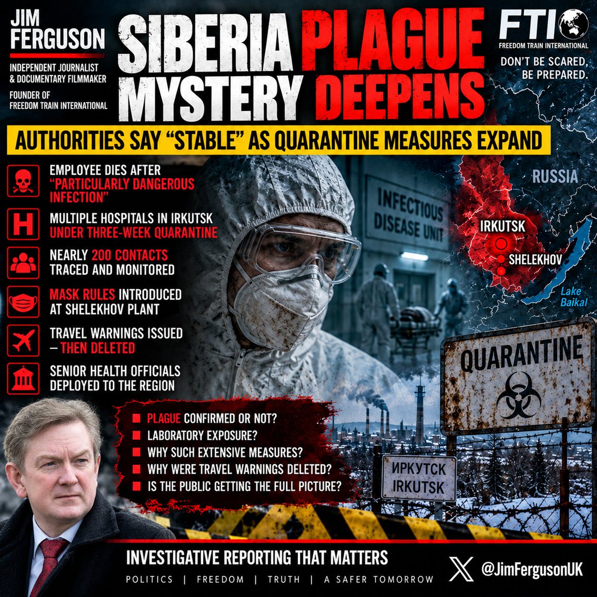 JimFergusonUK's tweet photo. https://t.co/ah3KMJ6JWf

🚨 SIBERIA PLAGUE MYSTERY DEEPENS — AUTHORITIES SAY “STABLE” AS QUARANTINE MEASURES EXPAND

The official story coming out of Siberia is becoming harder to reconcile with the scale of the response.

Russian public-health authorities are now saying the situation is “stable.”

They say the 28-year-old Irkutsk Anti-Plague Institute employee who died suffered from pneumonia of unknown origin.

They also say no microorganisms connected to her professional work were found.

But at the same time:

Hospitals in Irkutsk have reportedly introduced quarantine measures lasting up to three weeks.

Nearly 200 contacts have been traced and monitored.

Mask requirements have been introduced at the Irkutsk aluminium plant in Shelekhov.

Senior Russian public-health officials have travelled to the region.

Local warnings advising people not to travel to Shelekhov were reportedly posted — and then deleted.

So which picture is the real one?

A stable situation involving unexplained pneumonia?

Or a serious enough biosecurity concern to trigger hospital quarantines, mass contact tracing, mask rules and emergency intervention from senior health officials?

At this point, the contradiction itself is becoming the story.

There is still no confirmed secondary outbreak.

But the public deserves clear answers to some very basic questions:
Was plague actually confirmed or not?

Was there a laboratory exposure?

Why were so many people isolated if authorities believe there is no ongoing danger?

Why were travel warnings issued and then removed?

Why have officials used vague phrases such as “particularly dangerous infection” rather than giving a simple, consistent explanation?

The broken-vial account remains unconfirmed.

The field-exposure theory remains unconfirmed.

And now the official position appears to be shifting toward an unidentified pneumonia diagnosis.

That is not clarity.

It is uncertainty.

And when the case involves an employee of an anti-plague institute, nearly 200 contacts, hospital quarantine measures and possible biosafety questions, uncertainty matters.

The reassuring part is that no wider spread has been confirmed.

But until the Russian authorities explain exactly what happened, exactly what pathogen was involved, and why the response has been so extensive, this story remains very much alive.

The issue now is no longer just plague.

It is transparency.
It is biosafety.

And it is whether the public is being given the full picture.