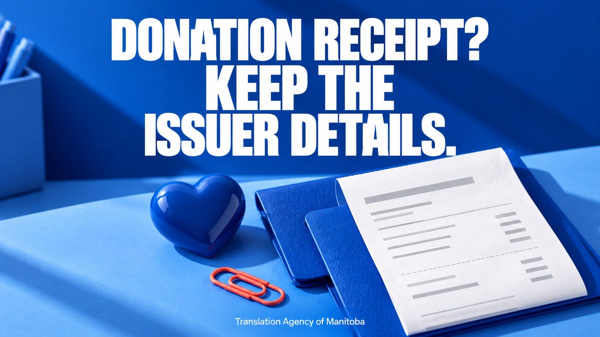 TA_of_Manitoba's tweet photo. If a donation receipt needs translation, include the issuer's details and the full receipt. A translation does not confirm tax eligibility.

Upload your document for a quote:
https://t.co/Tn8XKZpHYK

#Manitoba #DocumentTranslation https://t.co/U6KfbH38t9