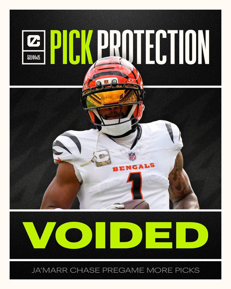 ChalkboardHQ's tweet photo. PICK PROTECTION 🛡️  

All Ja'Marr Chase ⬆️ picks will be marked VOID due to his 1H injury today https://t.co/OHmgHUqQ7D