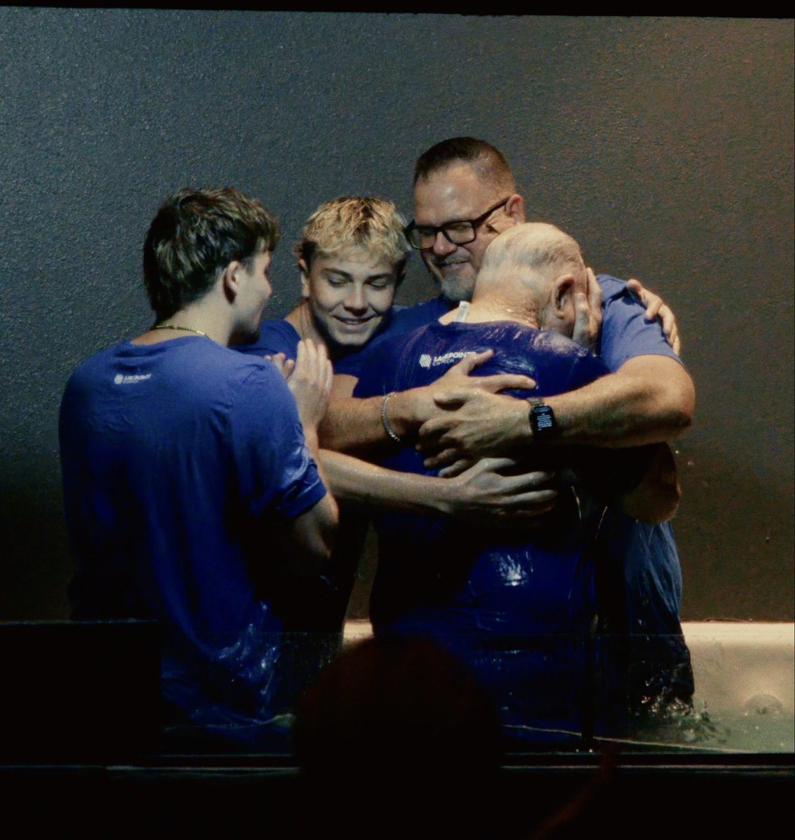 howertonjosh's tweet photo. Dad (81 years old) getting baptized by his son who prayed for ~35 years for his salvation today at Lakepointe. 3 generations in the water. 

If they’re still breathing, there’s still hope. https://t.co/7vyMcpFRQN