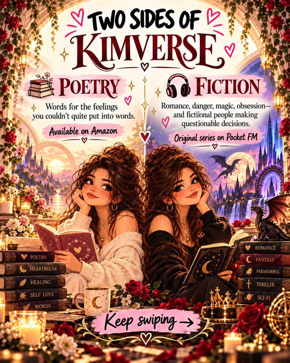 kimversebooks's tweet photo. Welcome to Kimverse Books ♡
Romance • fantasy • paranormal • thrillers • sci-fi • poetry

📚 Poetry on Amazon
🎧 Original fiction on Pocket FM
🔗 https://t.co/c3q5EPixqR 

↓ Current stories, links &amp; updates in the replies.
Choose your next universe. ✨ https://t.co/fhHVAcqnbB