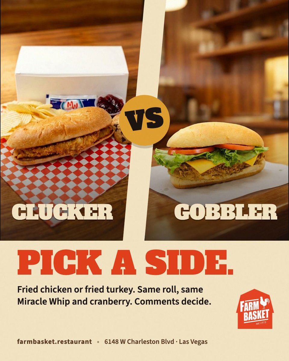 TheFarmBasket's tweet photo. Clucker or Gobbler. There are two kinds of people in Las Vegas.

Pick a side. #FarmBasket #CluckerVsGobbler https://t.co/lDecJEd0fr