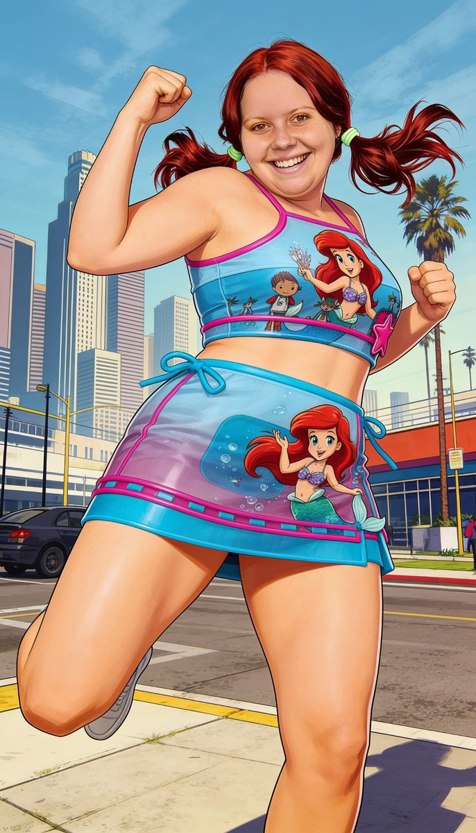 Lizzy1262629's tweet photo. I entered GTA as myself. No, not really. Me on the corner, pointing, mermaid crop and skirt, sneakers, graffiti and traffic behind me.

#GTAStyle #StreetCorner #Pointing #MermaidPrint #Pigtails #CartoonMe #CityLook #SneakersOn https://t.co/vJDfTluWKa