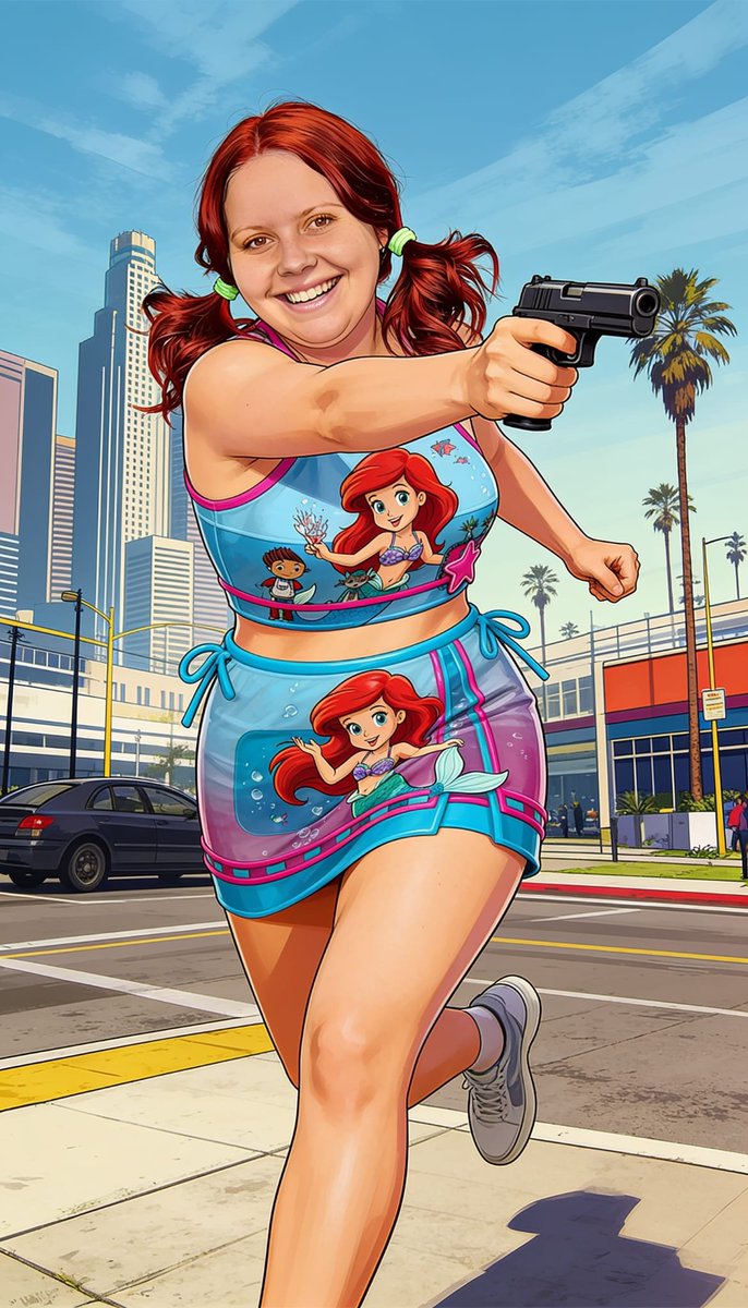 Lizzy1262629's tweet photo. I entered GTA as myself. No, not really. Me on the corner, pointing, mermaid crop and skirt, sneakers, graffiti and traffic behind me.

#GTAStyle #StreetCorner #Pointing #MermaidPrint #Pigtails #CartoonMe #CityLook #SneakersOn https://t.co/vJDfTluWKa