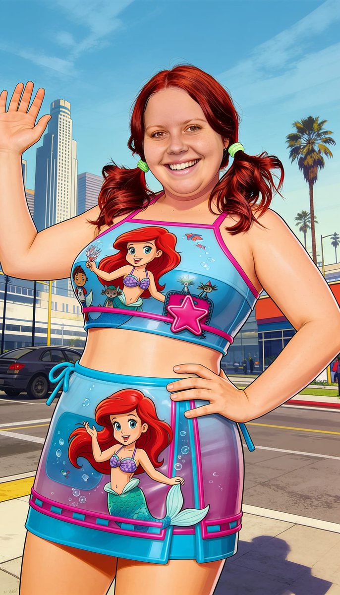 Lizzy1262629's tweet photo. I entered GTA as myself. No, not really. Me on the corner, pointing, mermaid crop and skirt, sneakers, graffiti and traffic behind me.

#GTAStyle #StreetCorner #Pointing #MermaidPrint #Pigtails #CartoonMe #CityLook #SneakersOn https://t.co/vJDfTluWKa