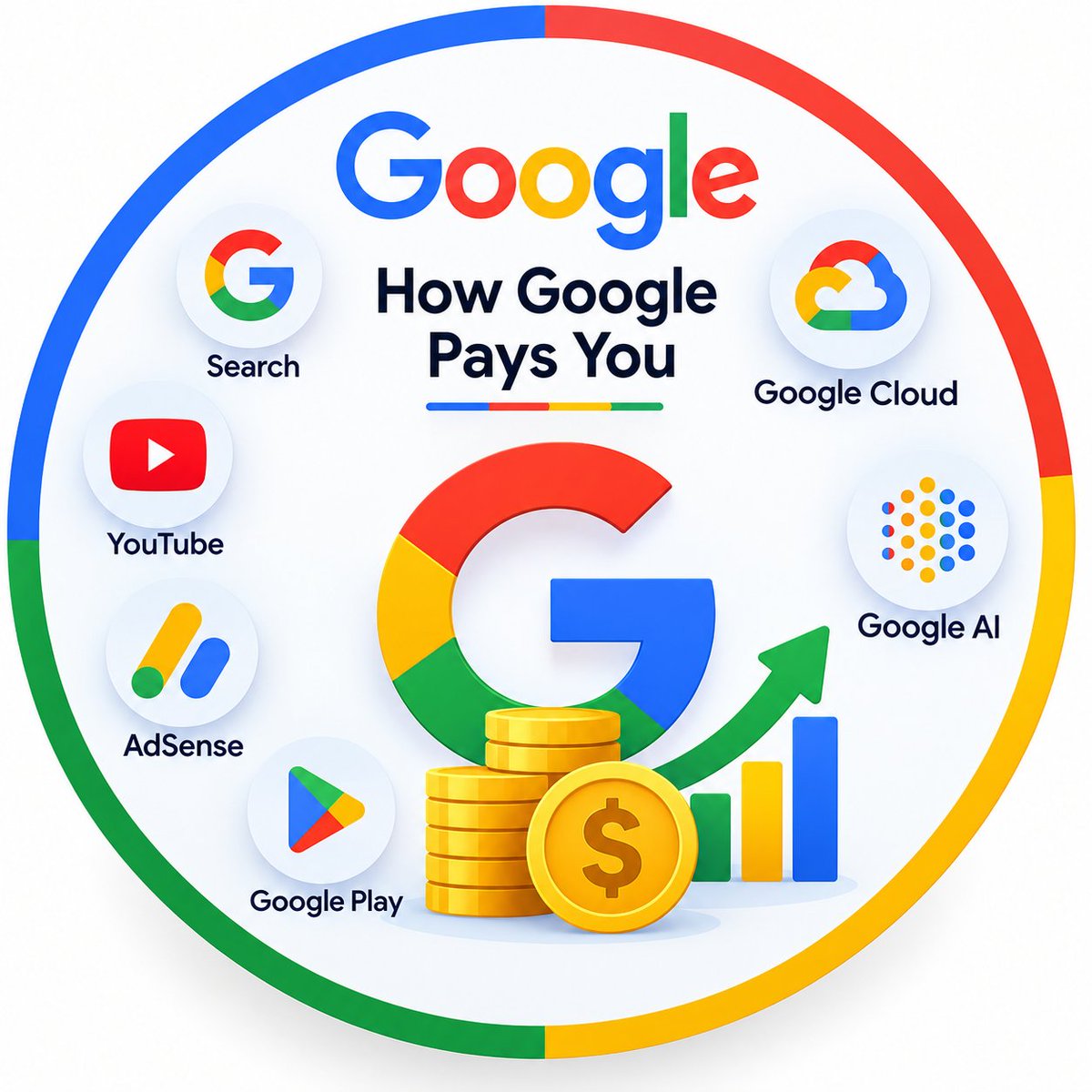 FutureMindAi11's tweet photo. “How Google Makes Money 💰 — Search → YouTube → Ads → Cloud → AI”.
🧵 How does Google actually pay people?

Most people think Google only makes money from search.

That’s just the beginning.
Here’s the simple breakdown 👇
1/10

🔎 1. Google Search
          👇👇
#Google #Ai https://t.co/n8aFzU9781