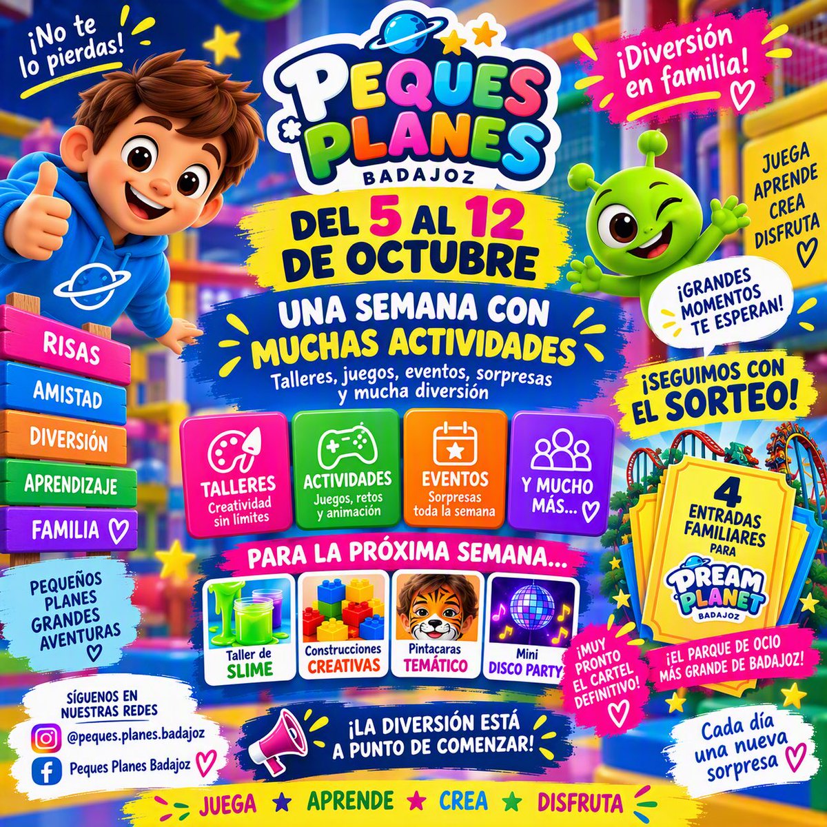 pequesplanesbjz's tweet photo. ✨ ¡Pequeños planes, grandes aventuras! ✨
📅 Del 5 al 12 de octubre 🎨 Talleres 🎮 Juegos 🪩 Mini disco party 🐯 Pintacaras 🧪 Slime 🧱 Construcciones creativas
👨‍👩‍👧‍👦 Una semana llena de diversión para toda la familia.
🎁 Y recuerda: seguimos sorteando 4 entradas para Dream Planet. https://t.co/iwyu1KKbCM