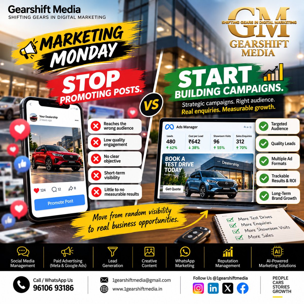 1GearshiftMedia's tweet photo. 🚗 Marketing Monday reminder:

Stop simply promoting posts. Start building campaigns with the right audience, clear objectives and measurable results.

Move from random visibility to real business growth.

#GearshiftMedia #MarketingMonday #AutomotiveMarketing https://t.co/LOooXYOlI6