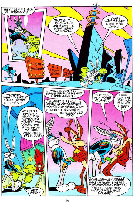 _catskycoral_'s tweet photo. official comic i found of bugs crashing landing into a planet entirely made of roadrunners  thats also ruled by wile 🤔

and turned into chrome because hes running a scam selling air to visitors  #wileroad #wilerunner #roadrage https://t.co/fCIL4JndME
