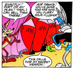 _catskycoral_'s tweet photo. official comic i found of bugs crashing landing into a planet entirely made of roadrunners  thats also ruled by wile 🤔

and turned into chrome because hes running a scam selling air to visitors  #wileroad #wilerunner #roadrage https://t.co/fCIL4JndME