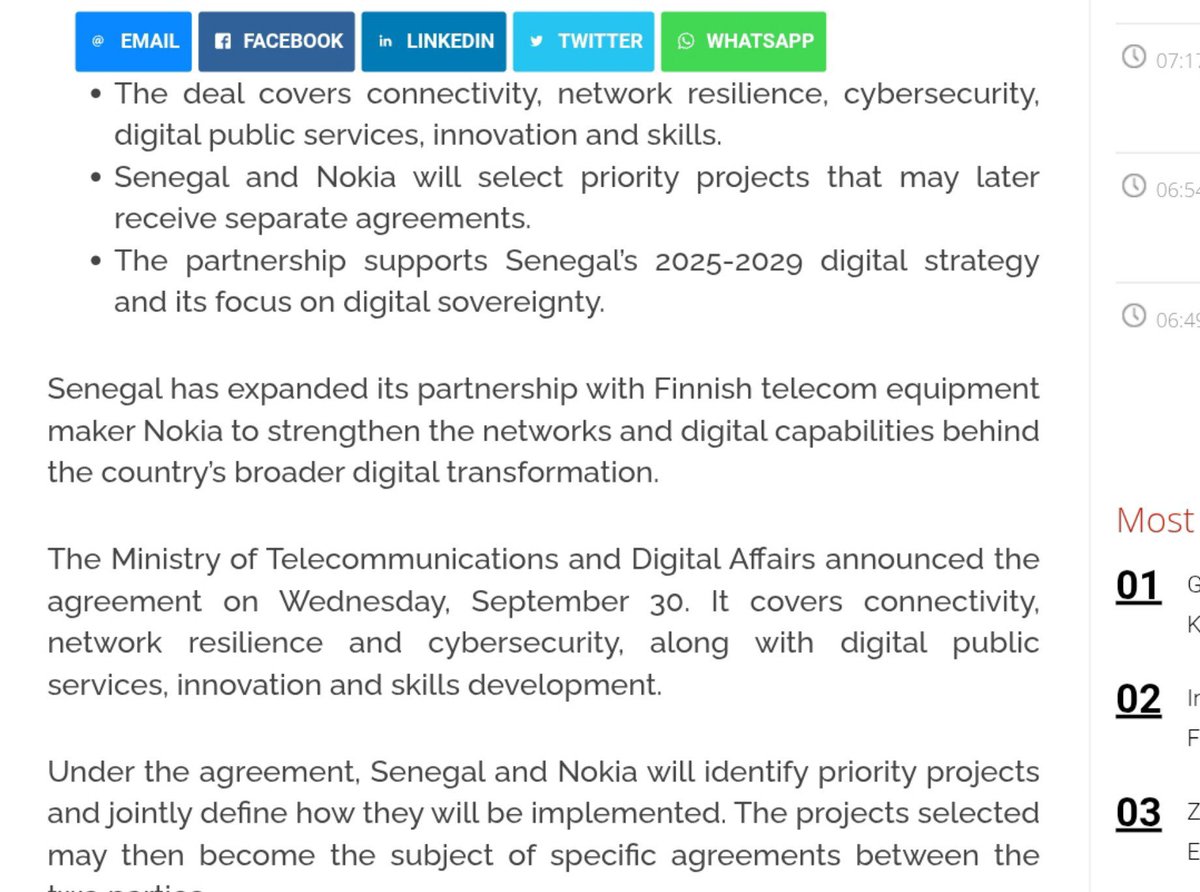 Samuelnaidu57's tweet photo. 🇸🇳 $NOK — Nokia expands Senegal partnership 💥

Nokia and Senegal’s Ministry of Telecommunications and Digital Affairs have expanded cooperation to strengthen the country’s digital infrastructure and cybersecurity.

The agreement covers connectivity, network resilience, cybersecurity, digital public services, innovation and skills development.

Importantly, Nokia and Senegal will identify priority projects together, with selected initiatives potentially moving into separate agreements.

The partnership also supports Senegal’s 2025–2029 digital strategy and focus on digital sovereignty.

This is more than a general MoU — the key catalyst is that specific priority projects could follow. 👀